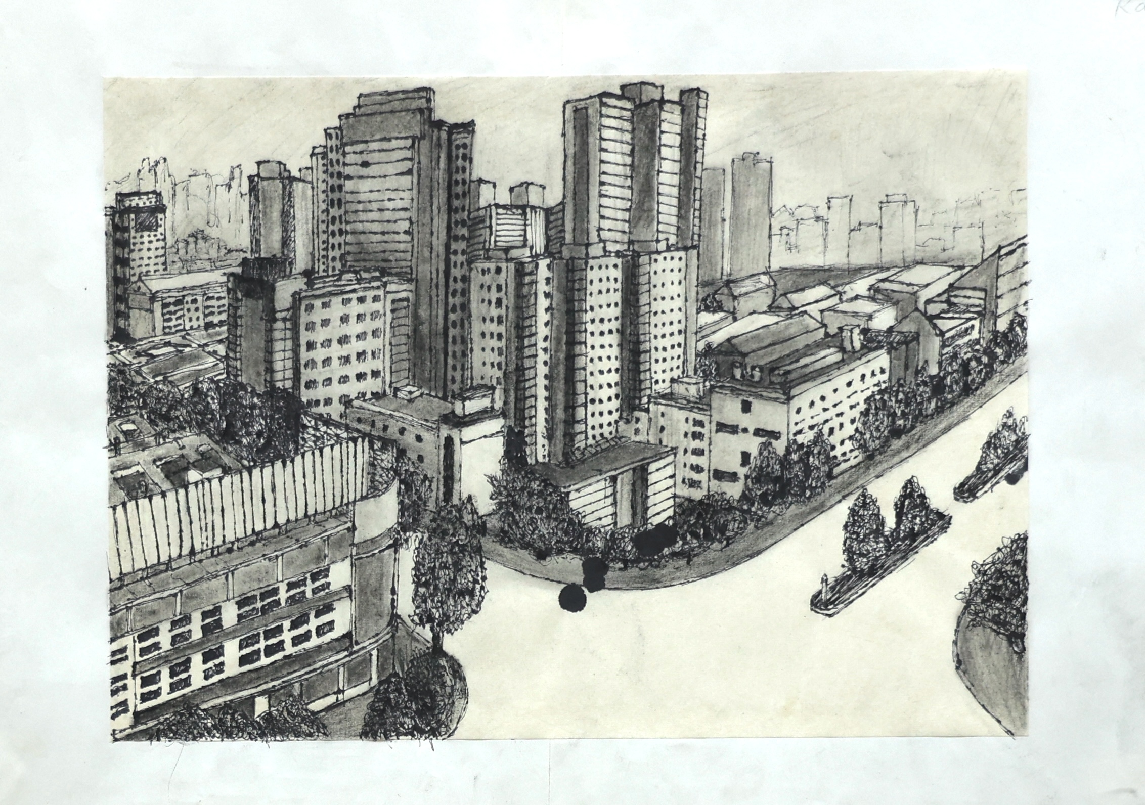 Pencil drawing of a dense city of high-rise buildings